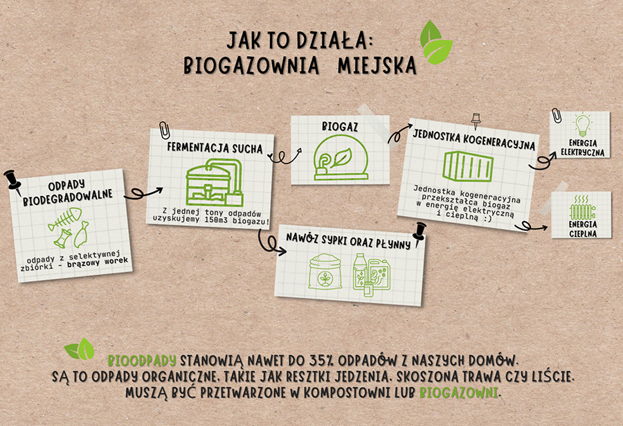 Schemat przetwarzania bioodpadów i uzyskiwanych produktów